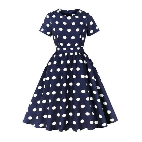 Hvot&aat Women Fashion Polka Dot Knee-Length Dress Vintage Cocktail Party Swing Dress Evening Short Sleeve Prom Gown