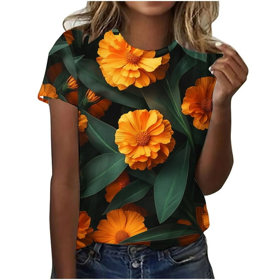 Hvot&aat Women Fashion Summer 3D Floral Printed T-Shirt Loose Round Neck Short Sleeve Pullover Comfort Regular Fit Blouses