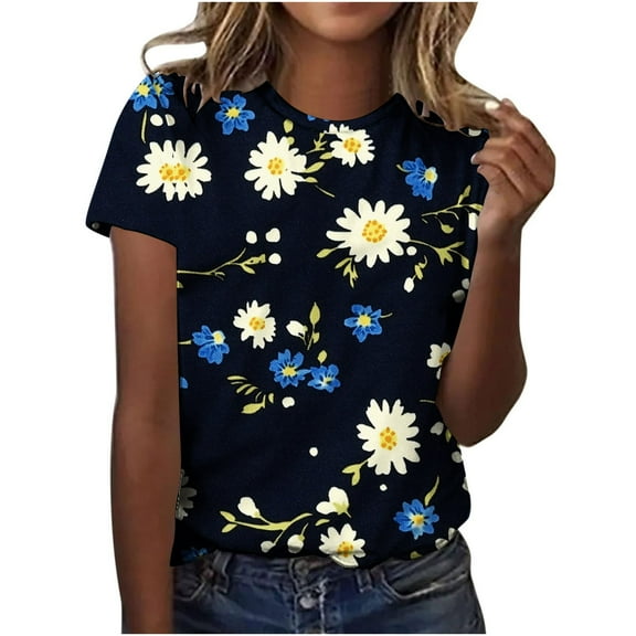 Hvot&aat Women Fashion Summer 3D Floral Printed T-Shirt Loose Round Neck Short Sleeve Pullover Comfort Regular Fit Blouses