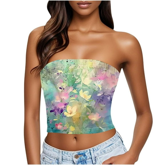 Hvot&aat Women Floral Printed Tube Tops Summer Beach Vacation Outfits Sleeveless Casual Strapless Top