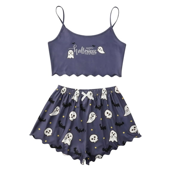 Hvot&aat Women Halloween Pajamas Set 2 Piece Cooling Sexy Sleeveless Suspender Crop Top Shorts Suit