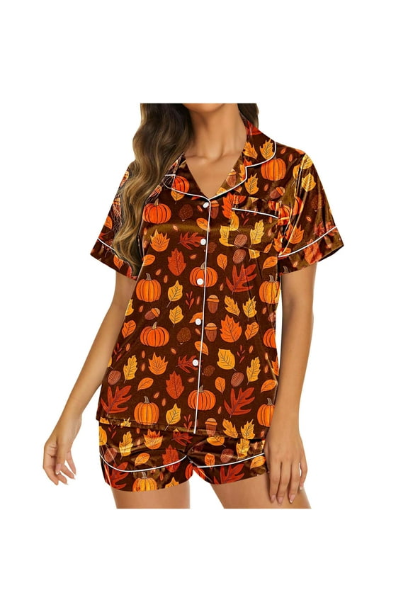 Women Halloween Pajamas Sets Pumpkins/Bats/Spiderwebs/Ghosts Funny Graphic Short Sleepwear 2 Piece