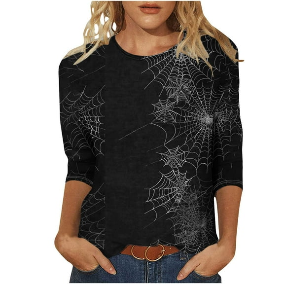 Hvot&aat Women Halloween Shirt 3/4 Sleeves Day of Dead T-Shirts Pumpkin/Bat/Spiderweb Loose Casual Tops