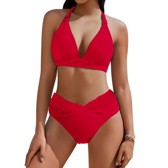 Hvot&aat Women High Waisted Bikini Sets Deep V-Neck Halter Ruched Bathing Suits Solid Color Swimsuits