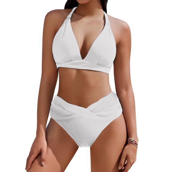 Hvot&aat Women High Waisted Bikini Sets Deep V-Neck Halter Ruched Bathing Suits Solid Color Swimsuits
