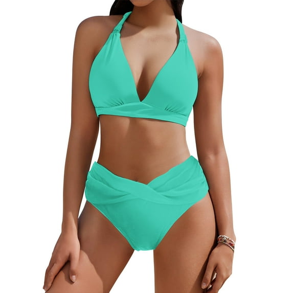 Hvot&aat Women High Waisted Bikini Sets Deep V-Neck Halter Ruched Bathing Suits Solid Color Swimsuits