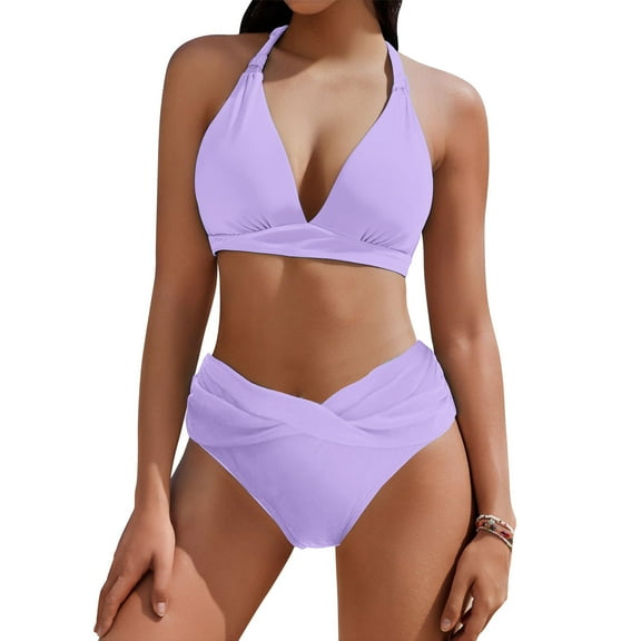 Hvot&aat Women High Waisted Bikini Sets Deep V-Neck Halter Ruched Bathing Suits Solid Color Swimsuits