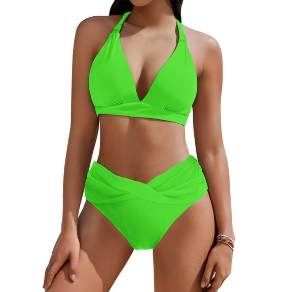 Hvot&aat Women High Waisted Bikini Sets Deep V-Neck Halter Ruched Bathing Suits Solid Color Swimsuits
