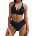 thumbnail image 1 of Hvot&aat Women High Waisted Bikini Sets Deep V-Neck Halter Ruched Bathing Suits Solid Color Swimsuits, 1 of 7