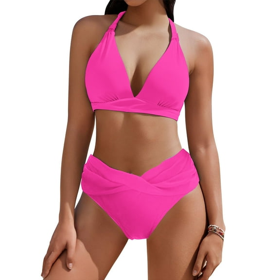 Hvot&aat Women High Waisted Bikini Sets Deep V-Neck Halter Ruched Bathing Suits Solid Color Swimsuits