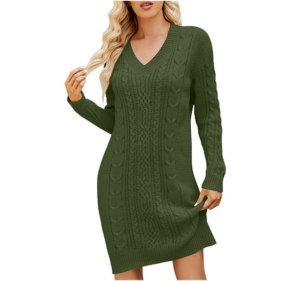 Hvot&aat Women Long Sleeve V Neck Sweater Dress Cable Knit Loose Fit 2025 Fall Winter Casual Pullover Sweaters Dresses