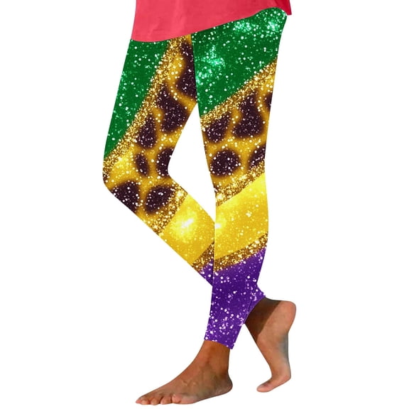 Hvot&aat Women Mardi Gras Leggings Stretch High Waisted Yoga Pants Sparkly Printed Carnival Party Pant