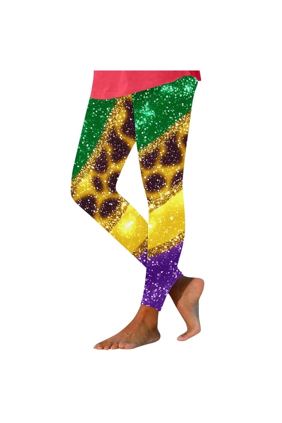 Women Mardi Gras Leggings Stretch High Waisted Yoga Pants Sparkly Printed Carnival Party Pant
