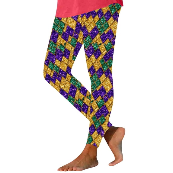 Hvot&aat Women Mardi Gras Leggings Stretch High Waisted Yoga Pants Sparkly Printed Carnival Party Pant