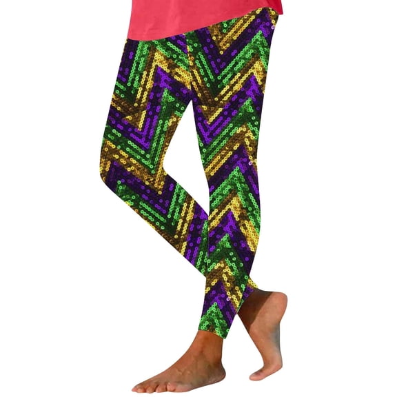 Hvot&aat Women Mardi Gras Leggings Stretch High Waisted Yoga Pants Sparkly Printed Carnival Party Pant
