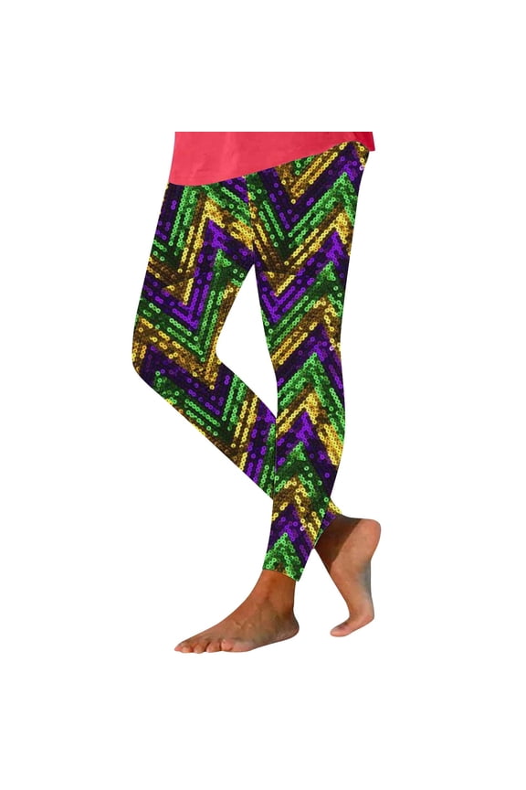 Women Mardi Gras Leggings Stretch High Waisted Yoga Pants Sparkly Printed Carnival Party Pant