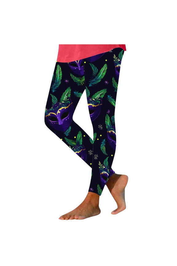 Women Mardi Gras Leggings Stretch High Waisted Yoga Pants Sparkly Printed Carnival Party Pant