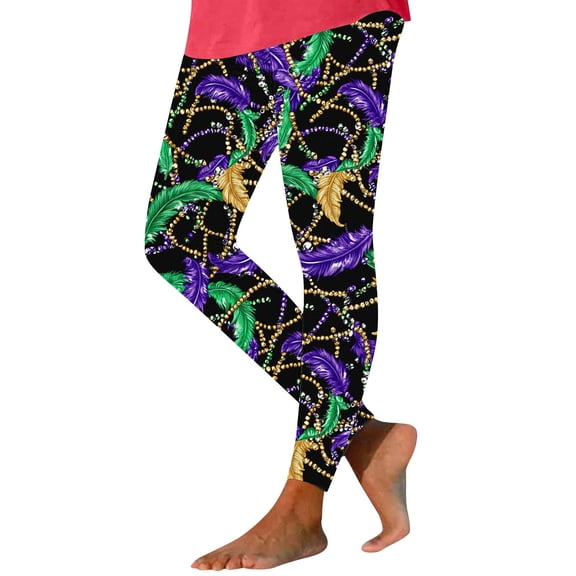 Hvot&aat Women Mardi Gras Leggings Stretch High Waisted Yoga Pants Sparkly Printed Carnival Party Pant
