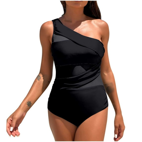 Hvot&aat Women Mesh One Piece Swimsuit Tummy Control One Shoulder Bathing Suit Solid Color Mesh Cutout Swimwear