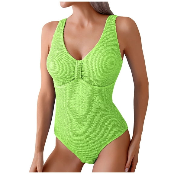 Hvot&aat Women One Piece Swimsuit Ruched Textured Ribbed Bathing Suit Solid Color High Waist One Piece Swimwear