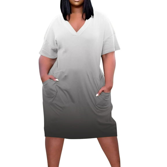 Hvot&aat Women Oversize Casual T Shirt Dresses Print V-Neck Short Sleeve Dress with Pockets Beach Vacation Dress