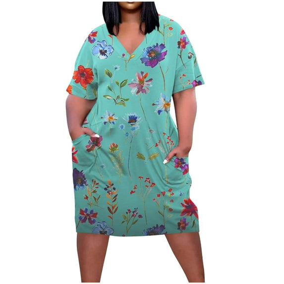 Hvot&aat Women Oversize T Shirt Midi Dress Loose Short Sleeve V Neck Dress with Pockets Floral Print Beach Dresses
