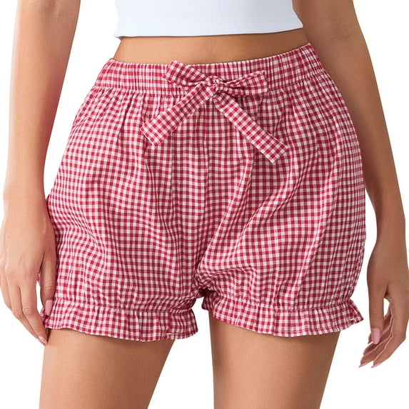 Hvot&aat Women Plaid Bloomers Shorts Stretchy Elastic Waist Shorts Cute Ruffles Cuff Bow Shorts Lightweight Shorts
