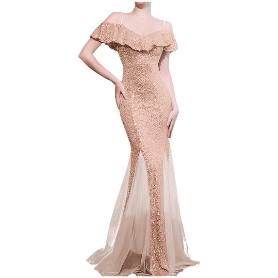 Hvot&aat Women Sexy Formal Dress V-Neck Tassels Sequins Maxi Evening Gown Elegant Slim Fit Mermaid Dresses