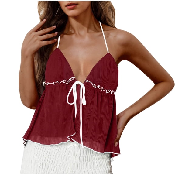 Hvot&aat Women Sexy Ruffle Mini Top V Neck Tie Front Spaghetti Strap Camisole Lightweight Flowy Tops