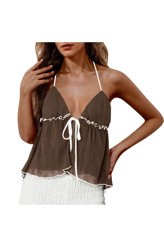Women Sexy Ruffle Mini Top V Neck Tie Front Spaghetti Strap Camisole Lightweight Flowy Tops