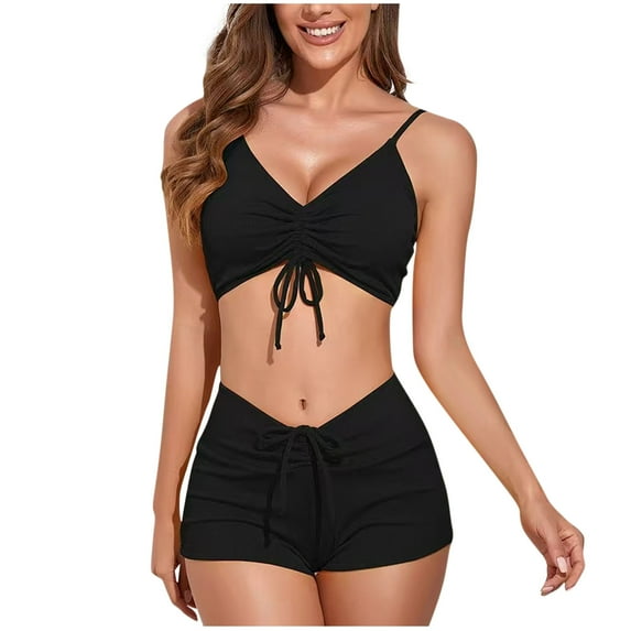 Hvot&aat Women Solid Color Swimsuit Tie Front Shorts Bikini Drawstring Bathing Suit Two Piece Summer Beachwear
