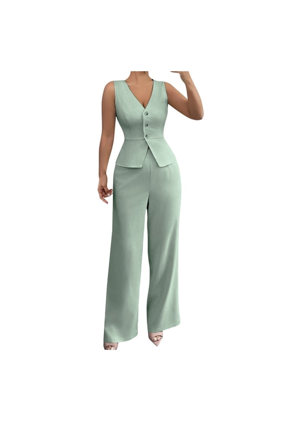 Women Solid Sleeveless Slim High Waisted Pants Two-piece Set Business Casual Button V Neck Blazer Suits