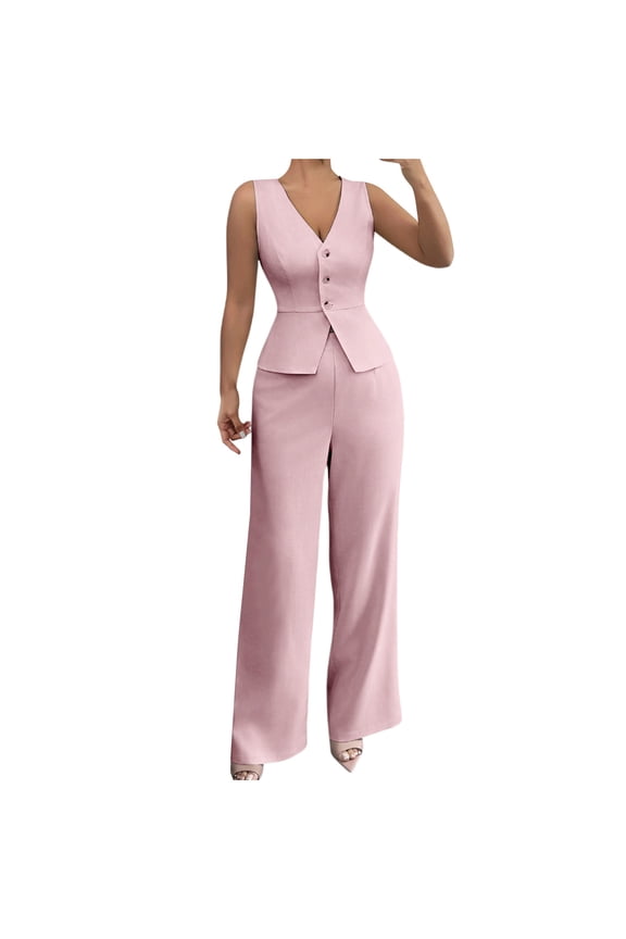Women Solid Sleeveless Slim High Waisted Pants Two-piece Set Business Casual Button V Neck Blazer Suits