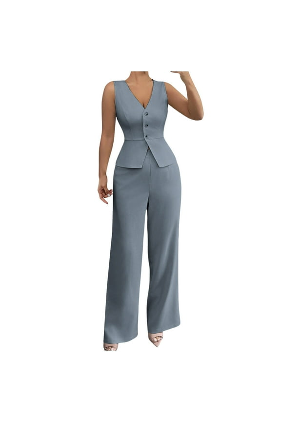 Women Solid Sleeveless Slim High Waisted Pants Two-piece Set Business Casual Button V Neck Blazer Suits