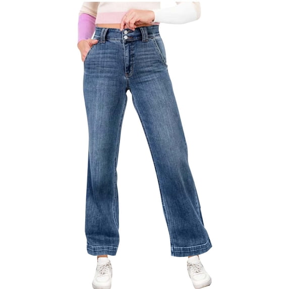 Hvot&aat Women Straight Wide Leg Jeans High Waist Button Zipper Denim Pants Washed Pants With Pocket