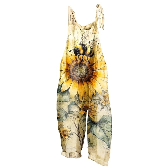 Hvot&aat Women Summer Bohemian Printed Jumpsuits Spaghetti Strap Tie Up Jumpsuit Straight Leg Pants with Pockets