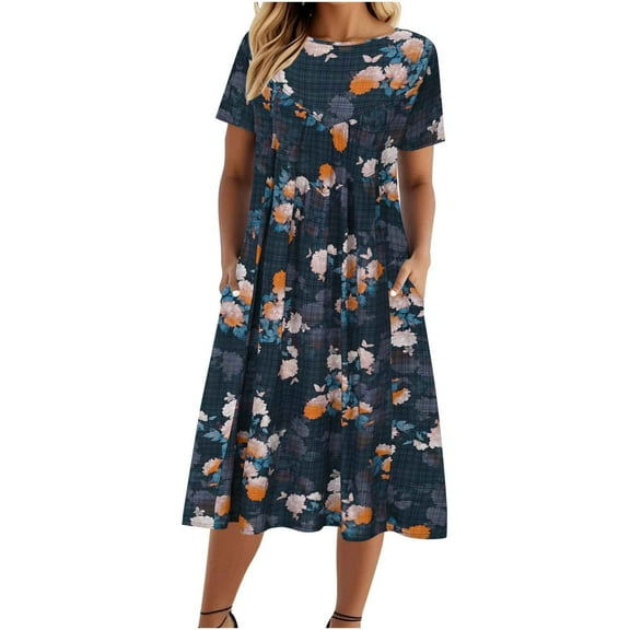 Hvot&aat Women Summer Boho Floral Dresses Casual Loose Short Sleeve Midi Dress Cotton Linen T-Shirt Dress