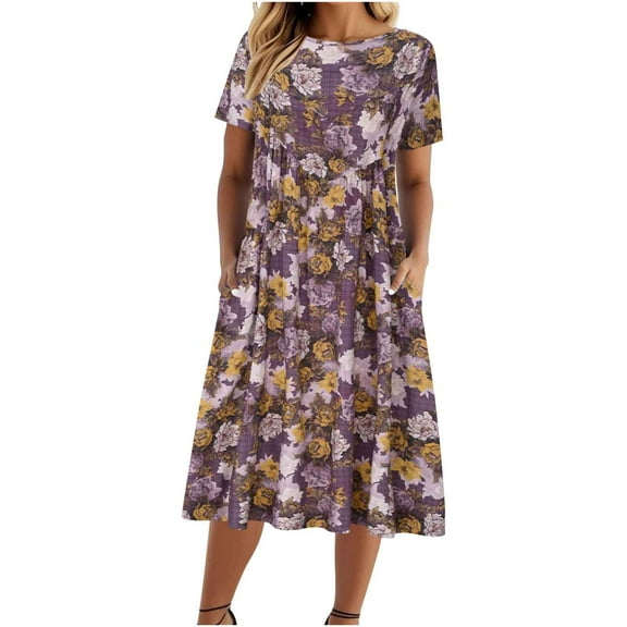 Hvot&aat Women Summer Boho Floral Dresses Casual Loose Short Sleeve Midi Dress Cotton Linen T-Shirt Dress