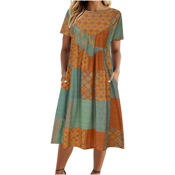 Hvot&aat Women Summer Boho Floral Dresses Casual Loose Short Sleeve Midi Dress Cotton Linen T-Shirt Dress