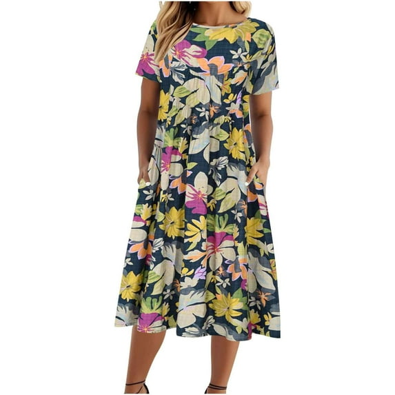 Hvot&aat Women Summer Boho Floral Dresses Casual Loose Short Sleeve Midi Dress Cotton Linen T-Shirt Dress