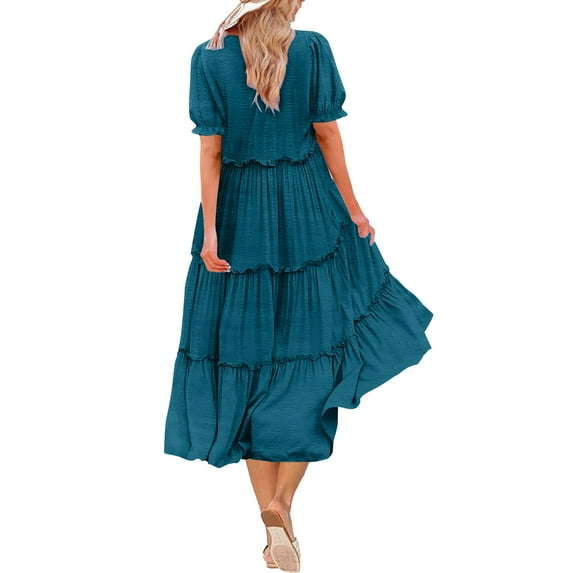 Hvot&aat Women Summer Casual Bohemian Floral Dresses Puff Short Sleeve Tiered Ruffle Flowy Swing Dress
