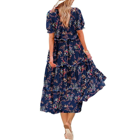 Hvot&aat Women Summer Casual Bohemian Floral Dresses Puff Short Sleeve Tiered Ruffle Flowy Swing Dress