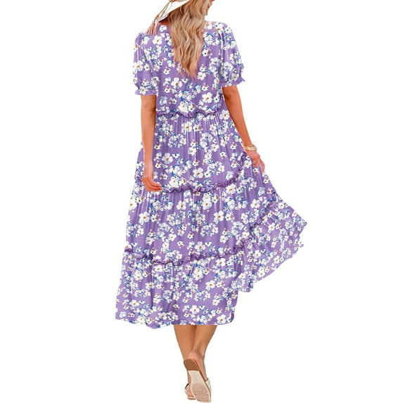 Hvot&aat Women Summer Casual Bohemian Floral Dresses Puff Short Sleeve Tiered Ruffle Flowy Swing Dress