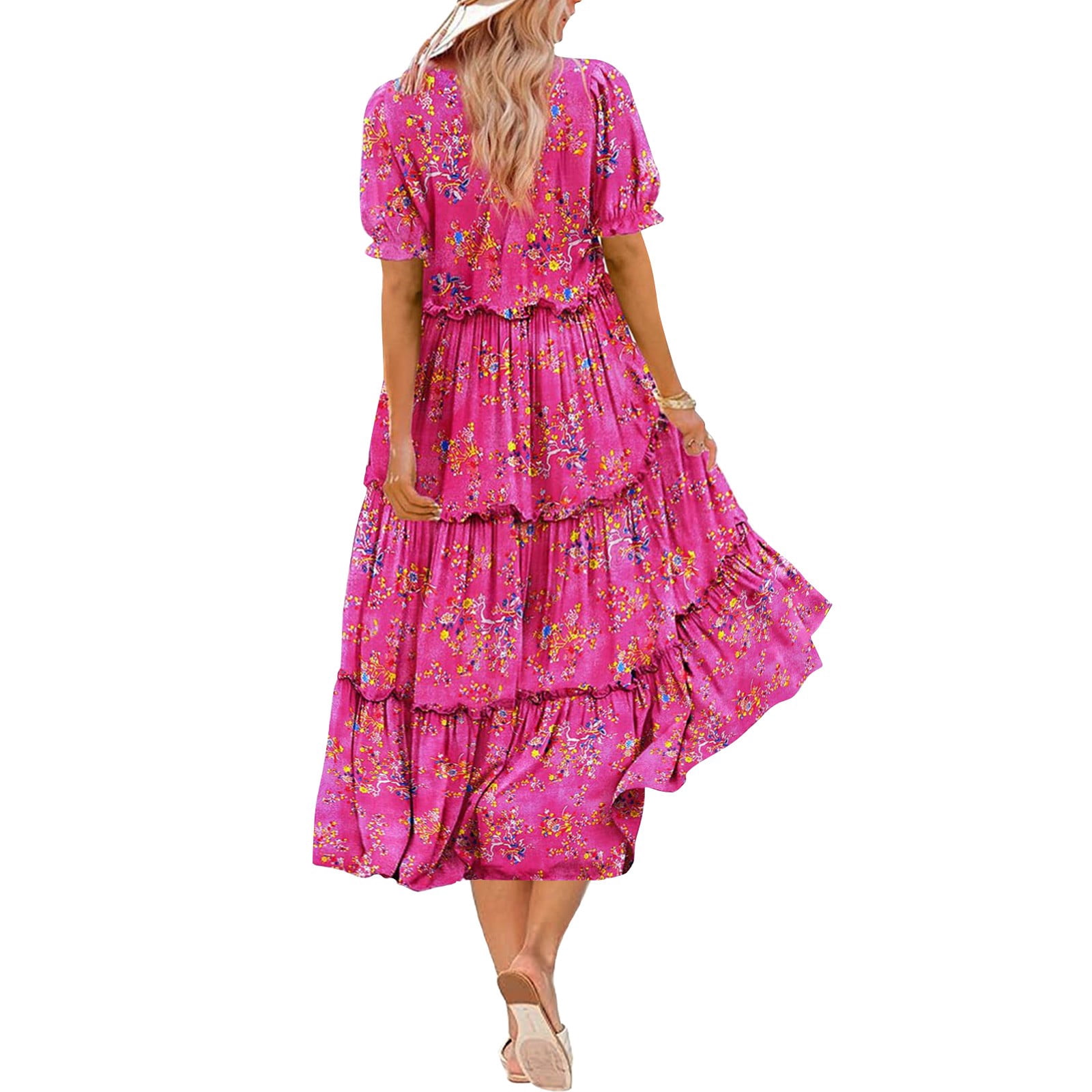 Hvot&aat Women Summer Casual Bohemian Floral Dresses Puff Short Sleeve Tiered Ruffle Flowy Swing Dress