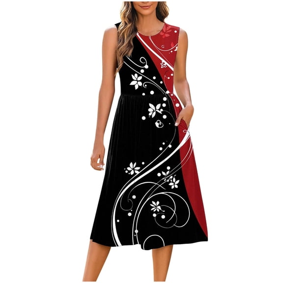 Hvot&aat Women Summer Casual Crew Neck Sleeveless Midi Sundress Flowy Beach Vacation Tank Dress