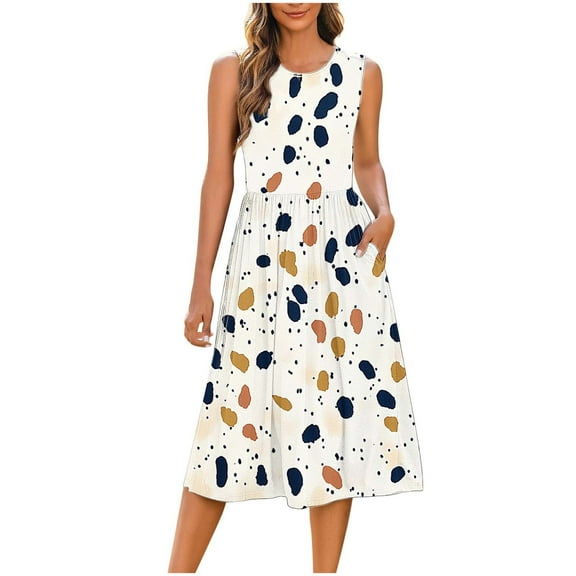 Hvot&aat Women Summer Casual Crew Neck Sleeveless Midi Sundress Flowy Beach Vacation Tank Dress