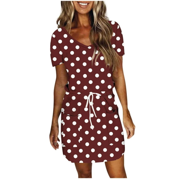 Hvot&aat Women Summer Casual Drawstring T Shirt Dress Short Sleeve V-Neck Beach Vacation Mini Dress with Pocket