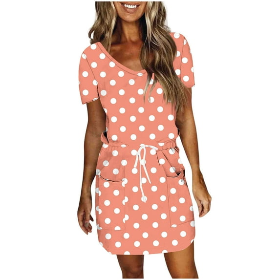 Hvot&aat Women Summer Casual Drawstring T Shirt Dress Short Sleeve V-Neck Beach Vacation Mini Dress with Pocket
