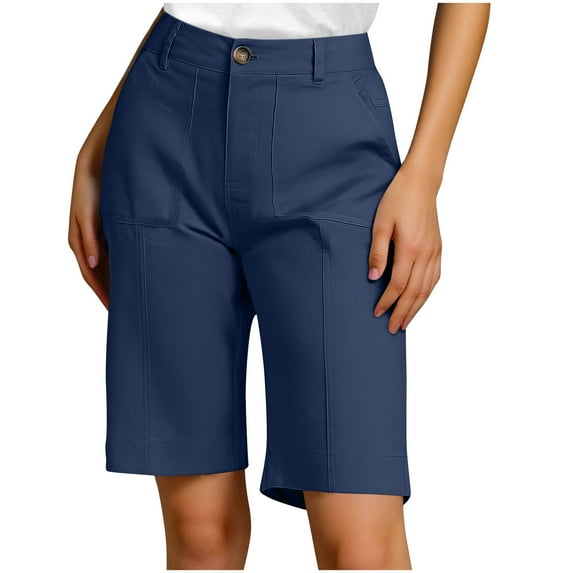 Hvot&aat Women Summer Casual Solid Color Slim Button Pocket Workwear Pants Knee Length Bermuda Shorts with Pocket
