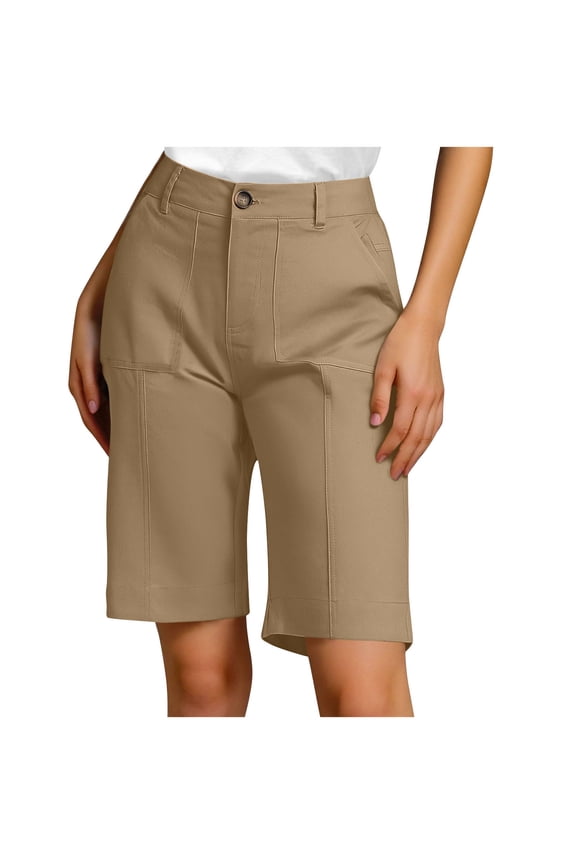 Women Summer Casual Solid Color Slim Button Pocket Workwear Pants Knee Length Bermuda Shorts with Pocket